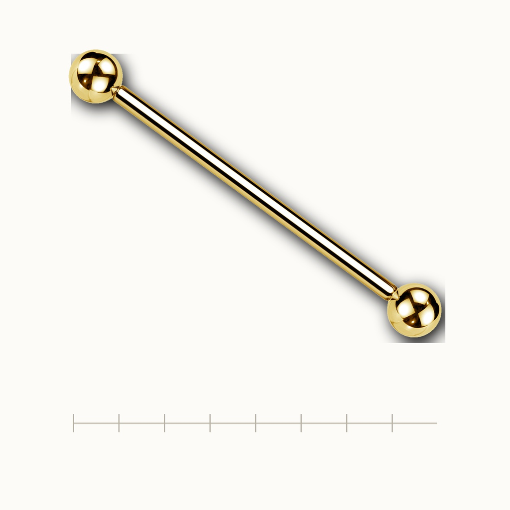 Implant Grade Titanium - Industrial Barbell - Gold - 14G (1.6 x 40+5+5 mm) - scale view