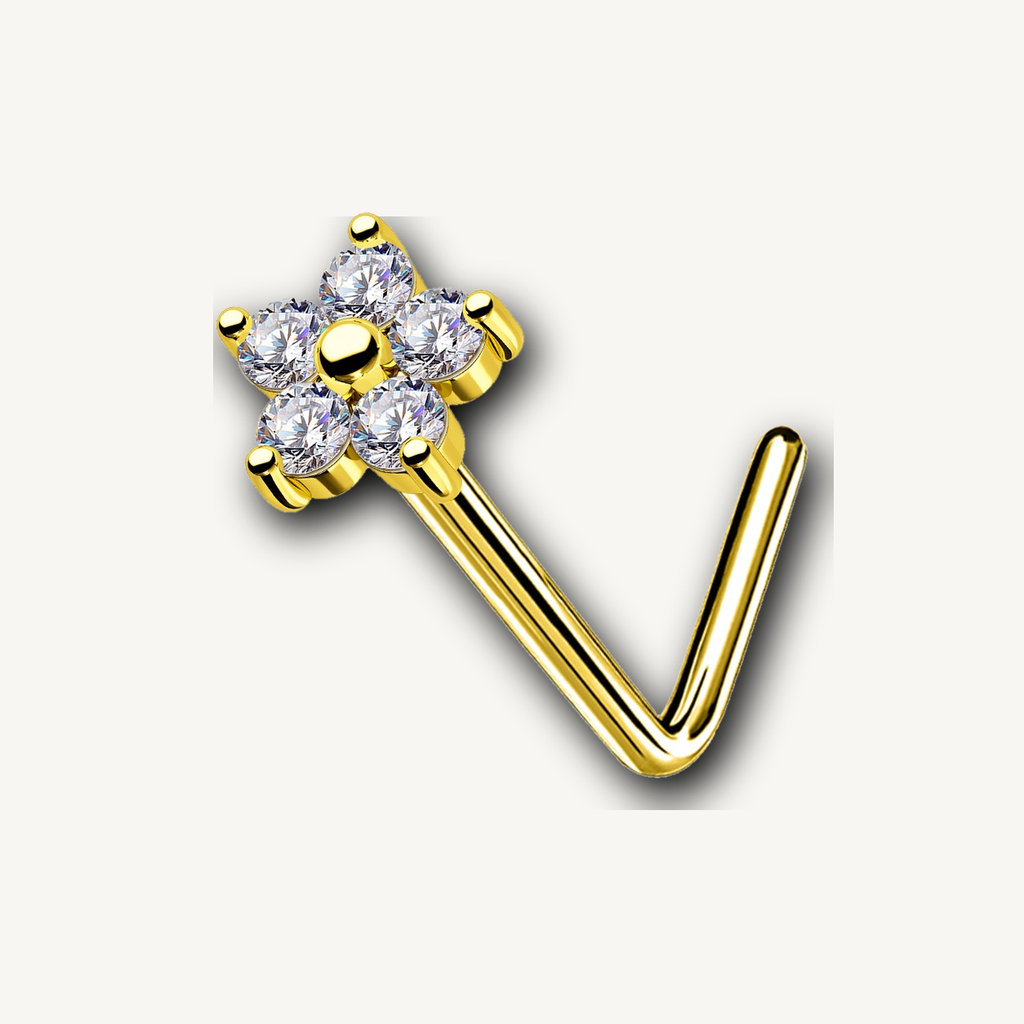 Implant Grade Titanium - Nose Stud / Nose Ring - Gold - Clear CZ - 20G (0.8 x 7 mm) - detail view