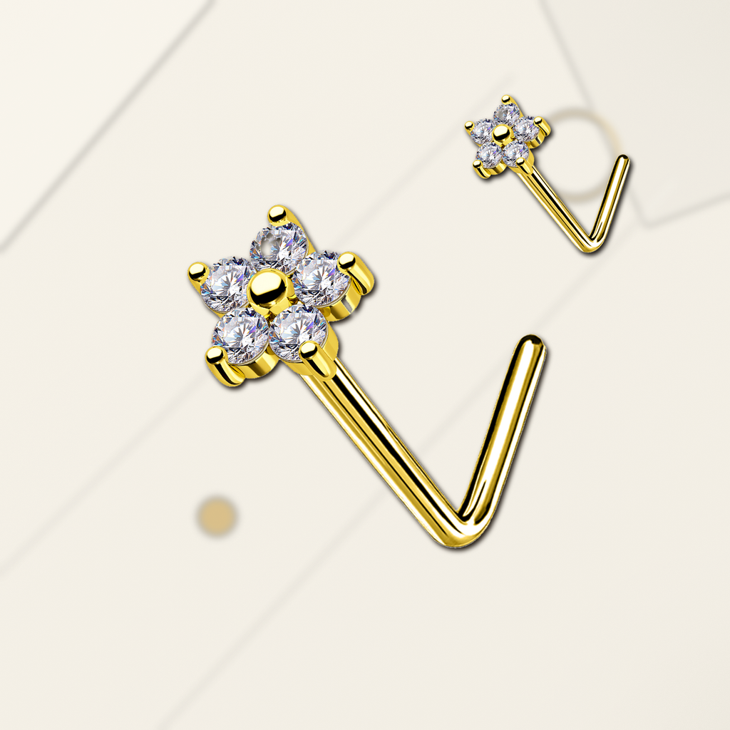 Implant Grade Titanium - Nose Stud / Nose Ring - Gold - Clear CZ - 20G (0.8 x 7 mm) - styling view