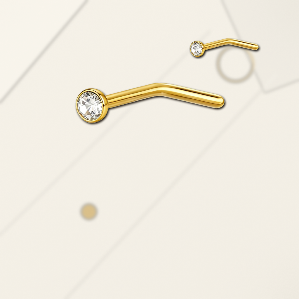 Implant Grade Titanium - Nose Stud / Nose Ring - Gold - Clear CZ - 20G (0.8 x 7+1.5 mm) - styling view