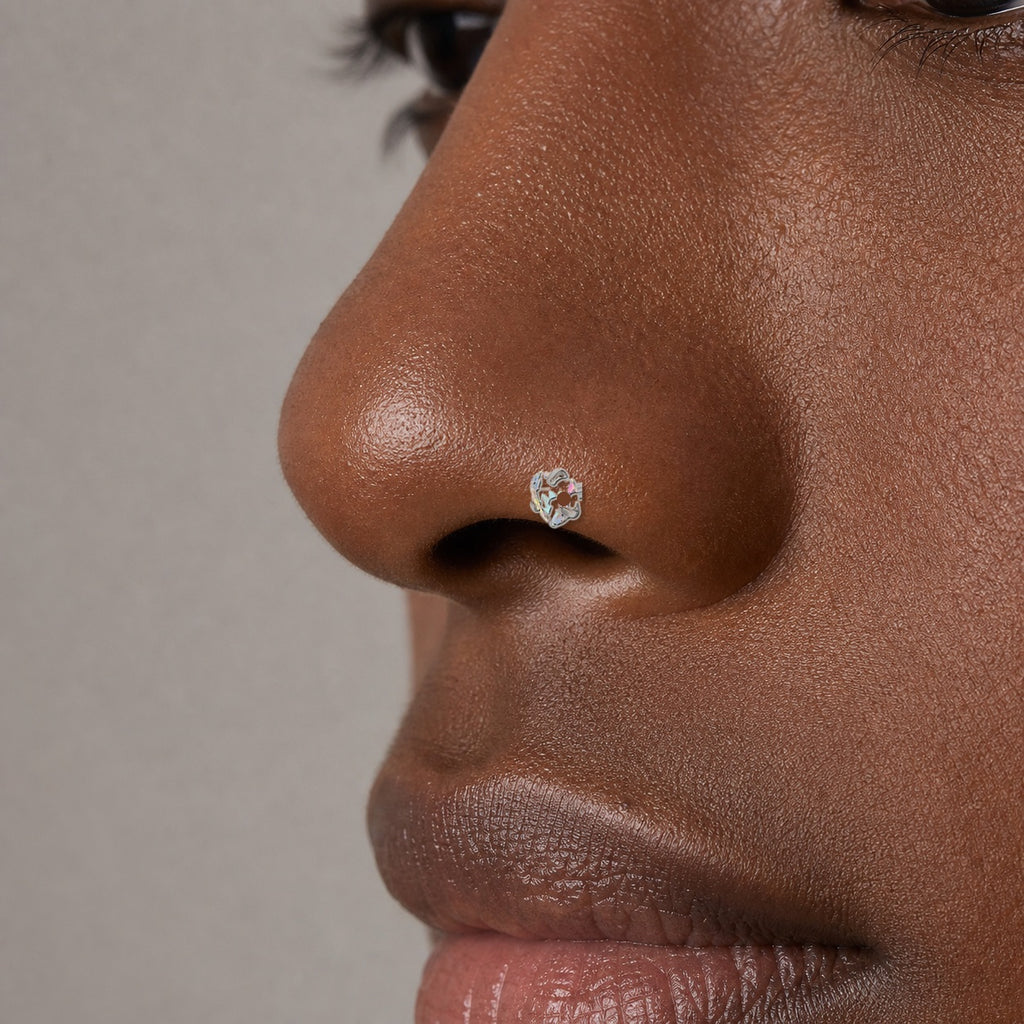 Implant Grade Titanium - Nose Stud / Nose Ring - Silver - Light Blue - 20G (0.8 x 6+3 mm) - model wear view