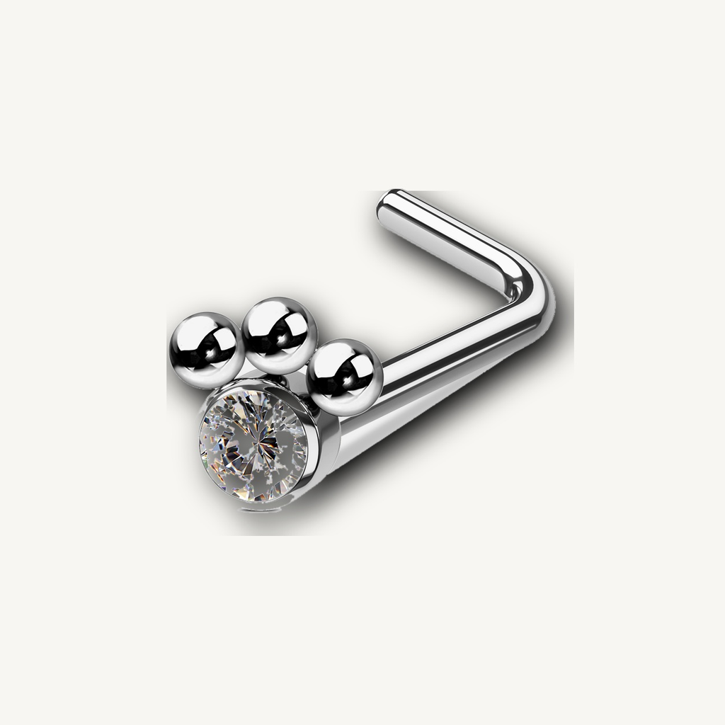 Implant Grade Titanium - Nose Stud / Nose Ring - Silver - Clear CZ - 20G (0.8 x 7 mm) - detail view