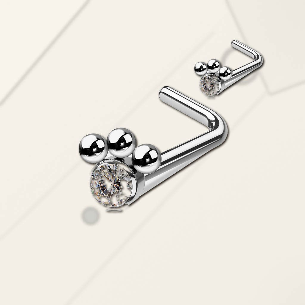 Implant Grade Titanium - Nose Stud / Nose Ring - Silver - Clear CZ - 20G (0.8 x 7 mm) - styling view