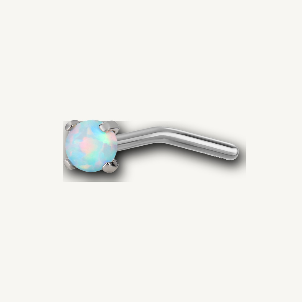 Implant Grade Titanium - Nose Stud / Nose Ring - Silver - Blue Opal - 20G (0.8 x 7+2 mm) - detail view