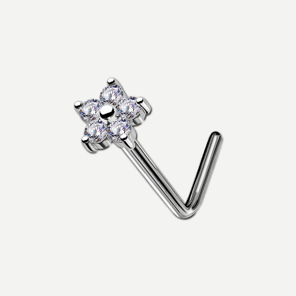Implant Grade Titanium - Nose Stud / Nose Ring - White Gold - Clear CZ - 20G (0.8 x 6.5 x 5 mm) - product view