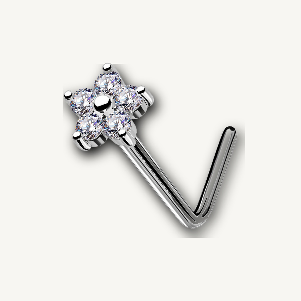 Implant Grade Titanium - Nose Stud / Nose Ring - White Gold - Clear CZ - 20G (0.8 x 6.5 x 5 mm) - detail view