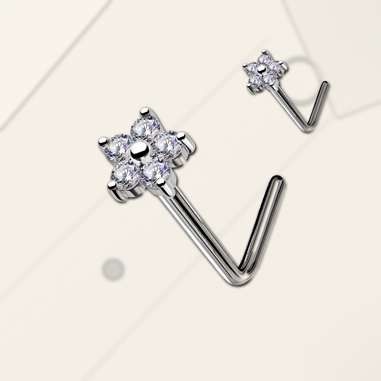 Implant Grade Titanium - Nose Stud / Nose Ring - White Gold - Clear CZ - 20G (0.8 x 6.5 x 5 mm) - styling view