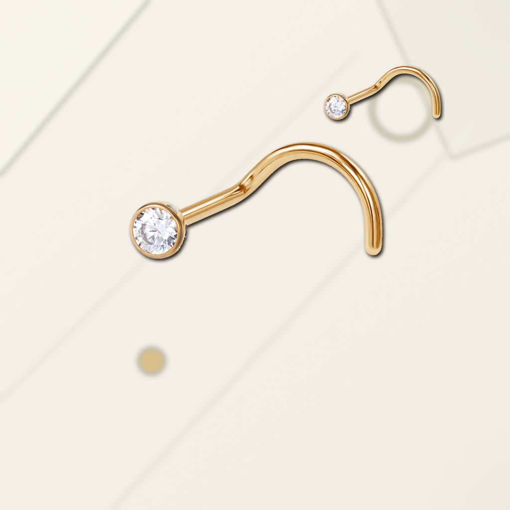 Implant Grade Titanium - Nose Stud / Nose Ring - Gold - Clear CZ - 18G (1.0 x 6+3 mm) - styling view