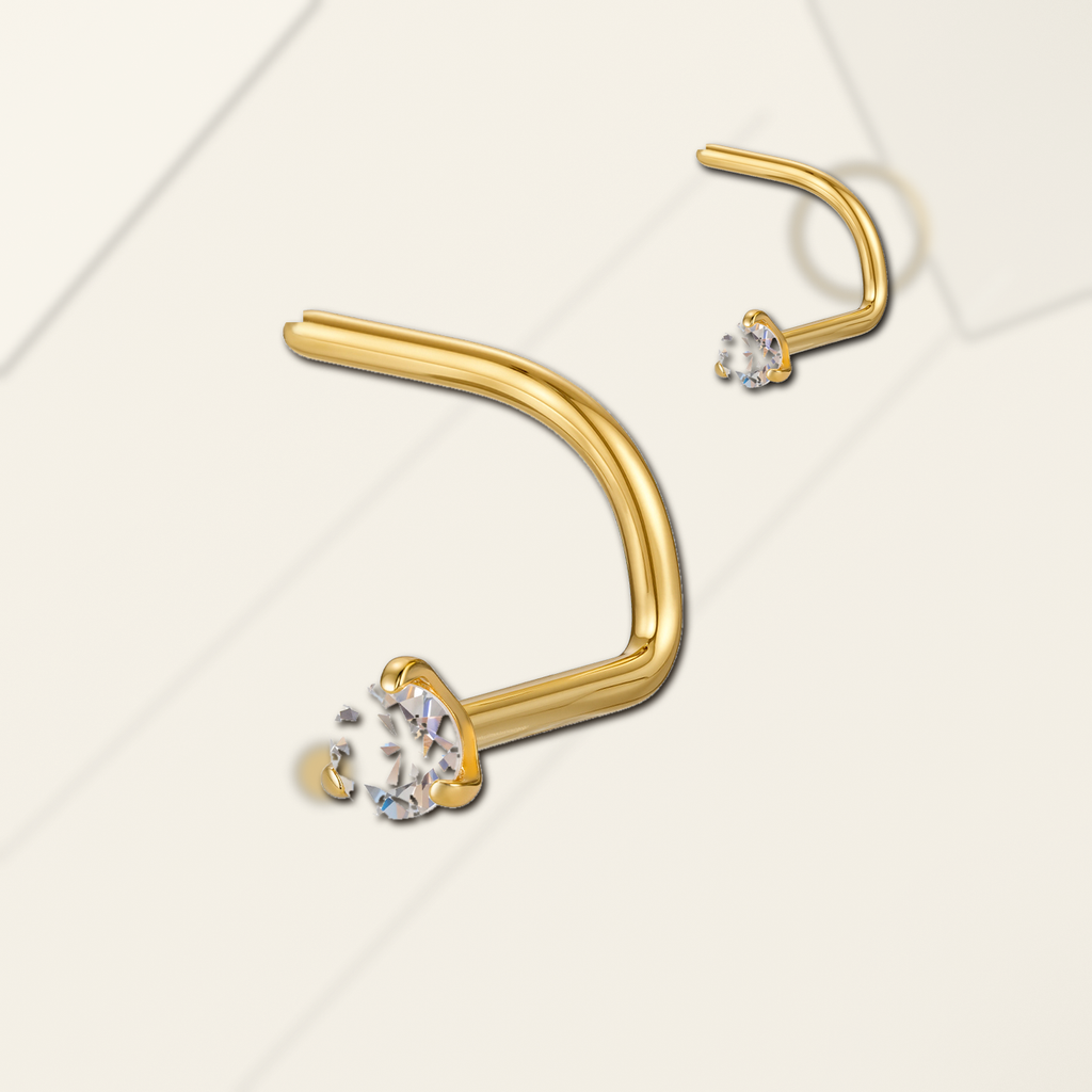 Implant Grade Titanium - Nose Stud / Nose Ring - Gold - Clear CZ - 20G (0.8 x 6+2 mm) - styling view