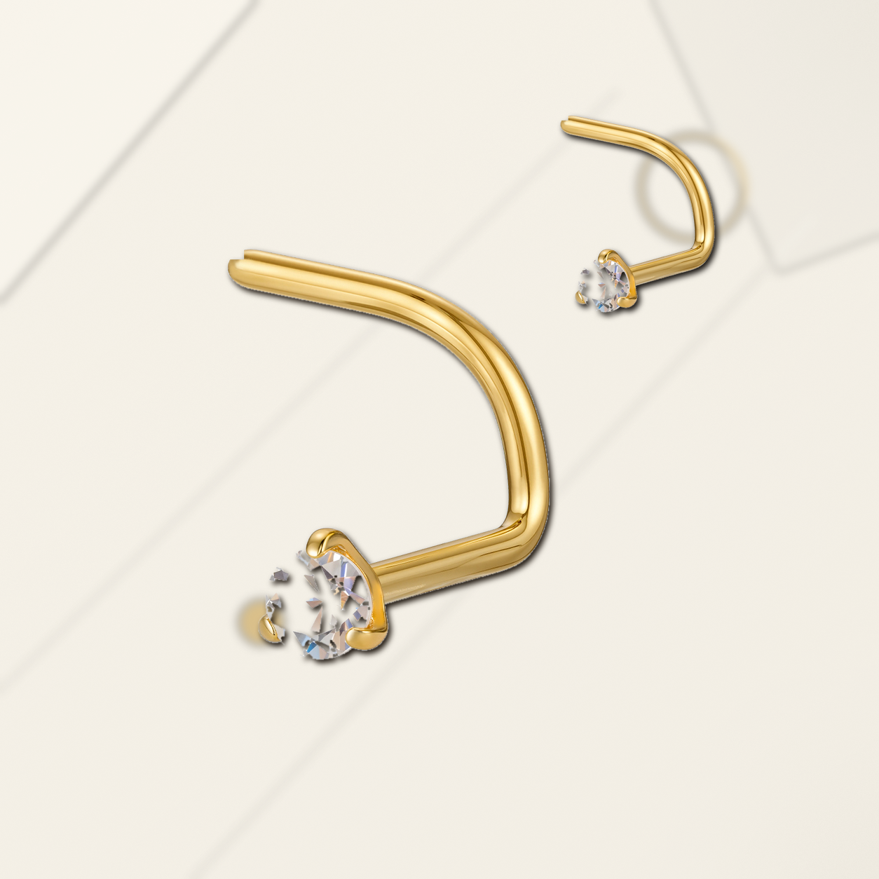 Implant Grade Titanium - Nose Stud / Nose Ring - Gold - Clear CZ - 20G (0.8 x 6+2 mm) - styling view