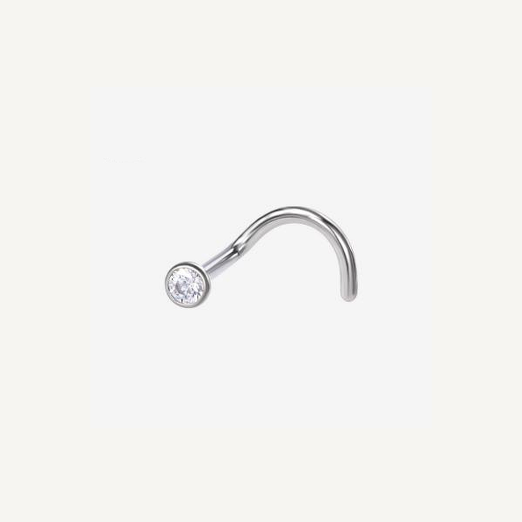 Implant Grade Titanium - Nose Stud / Nose Ring - Silver - Clear CZ - 20G (0.8 x 6+2.5 mm) - styling view