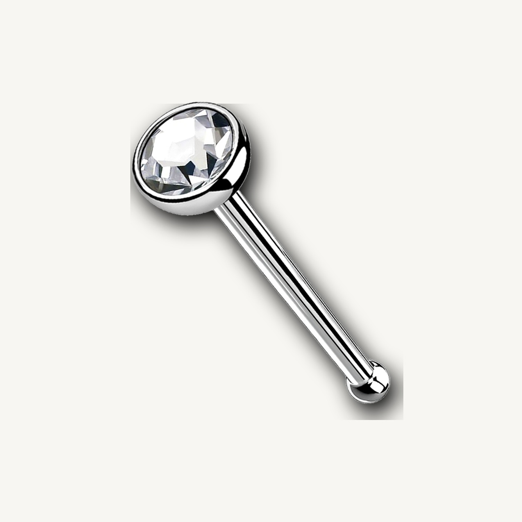 Implant Grade Titanium - Nose Stud / Nose Ring - Silver - Clear CZ - 20G (0.8 x 7+2 mm) - detail view