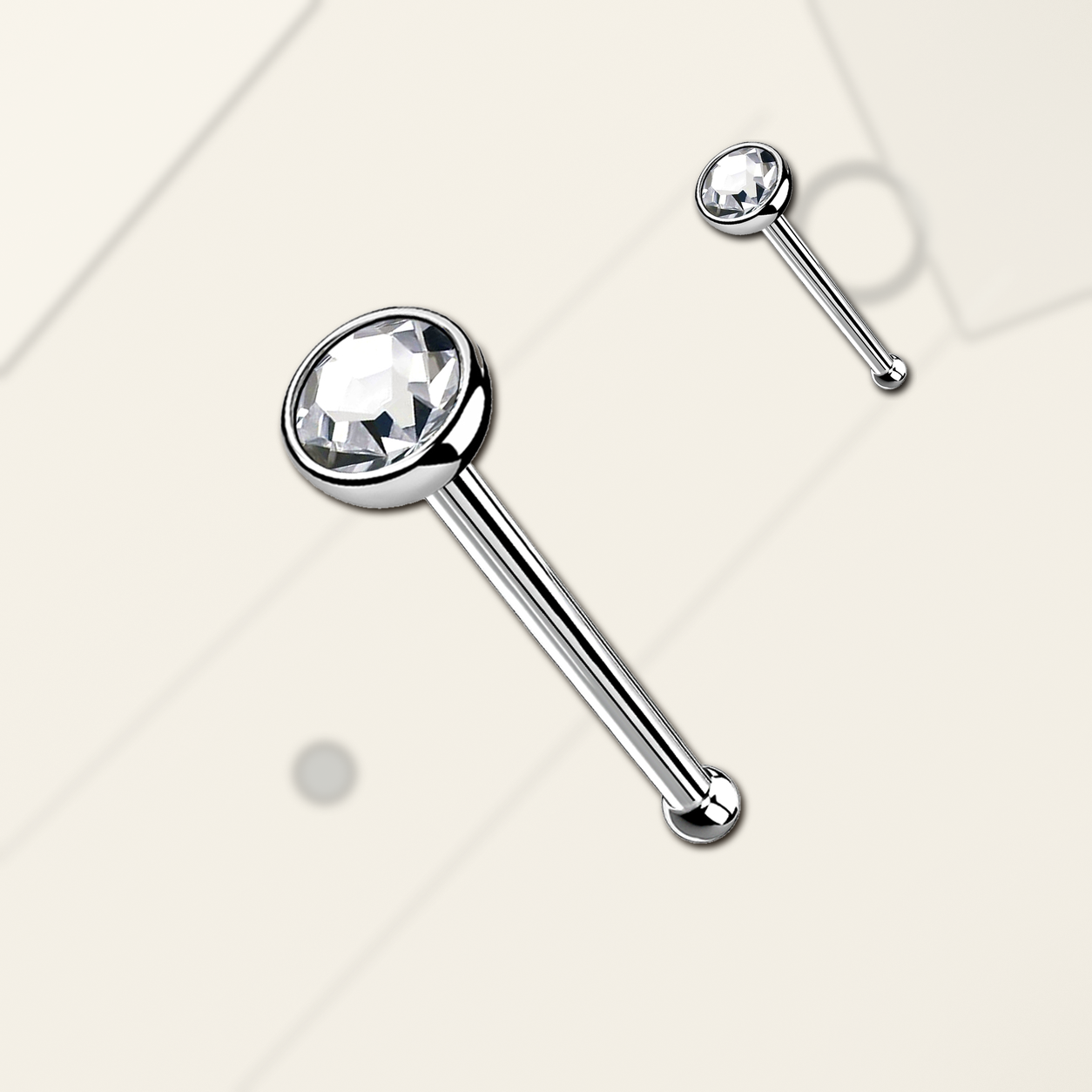 Implant Grade Titanium - Nose Stud / Nose Ring - Silver - Clear CZ - 20G (0.8 x 7+2 mm) - styling view