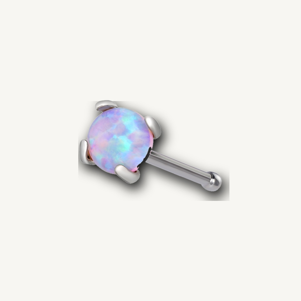 Implant Grade Titanium - Nose Stud / Nose Ring - Silver - Pink Opal - 20G (0.8 x 7+2 mm) - detail view