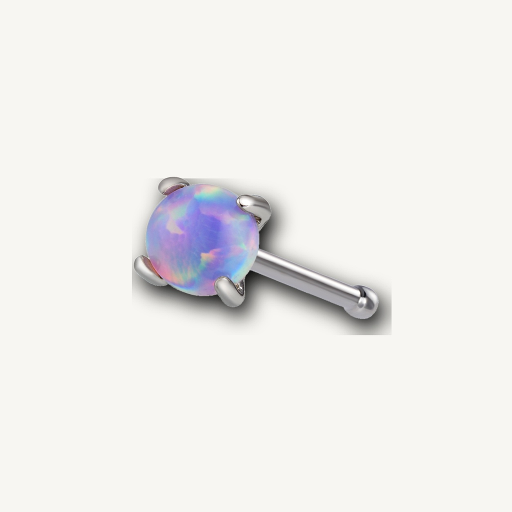 Implant Grade Titanium - Nose Stud / Nose Ring - Silver - Purple Opal - 20G (0.8 x 7+2 mm) - detail view