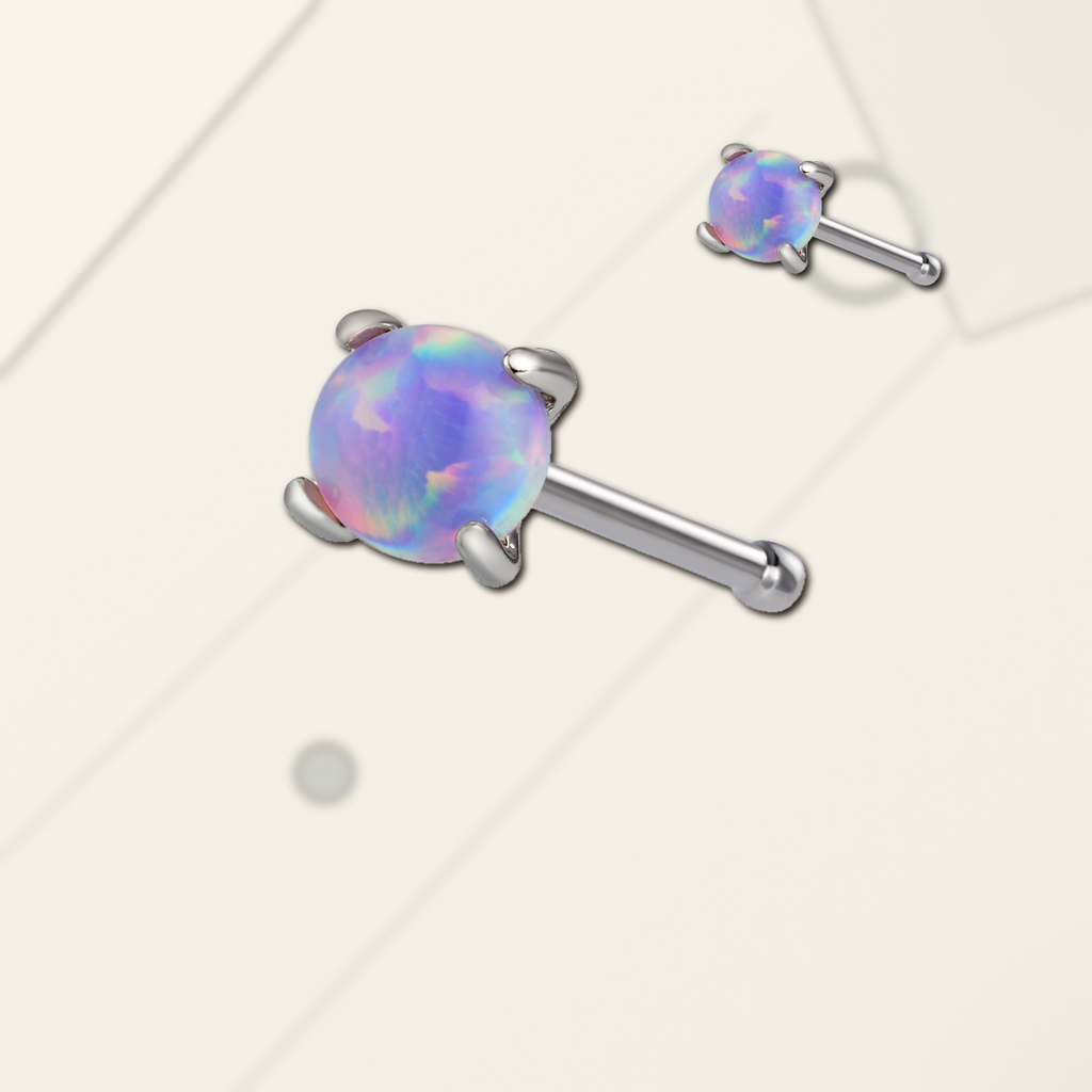 Implant Grade Titanium - Nose Stud / Nose Ring - Silver - Purple Opal - 20G (0.8 x 7+2 mm) - styling view