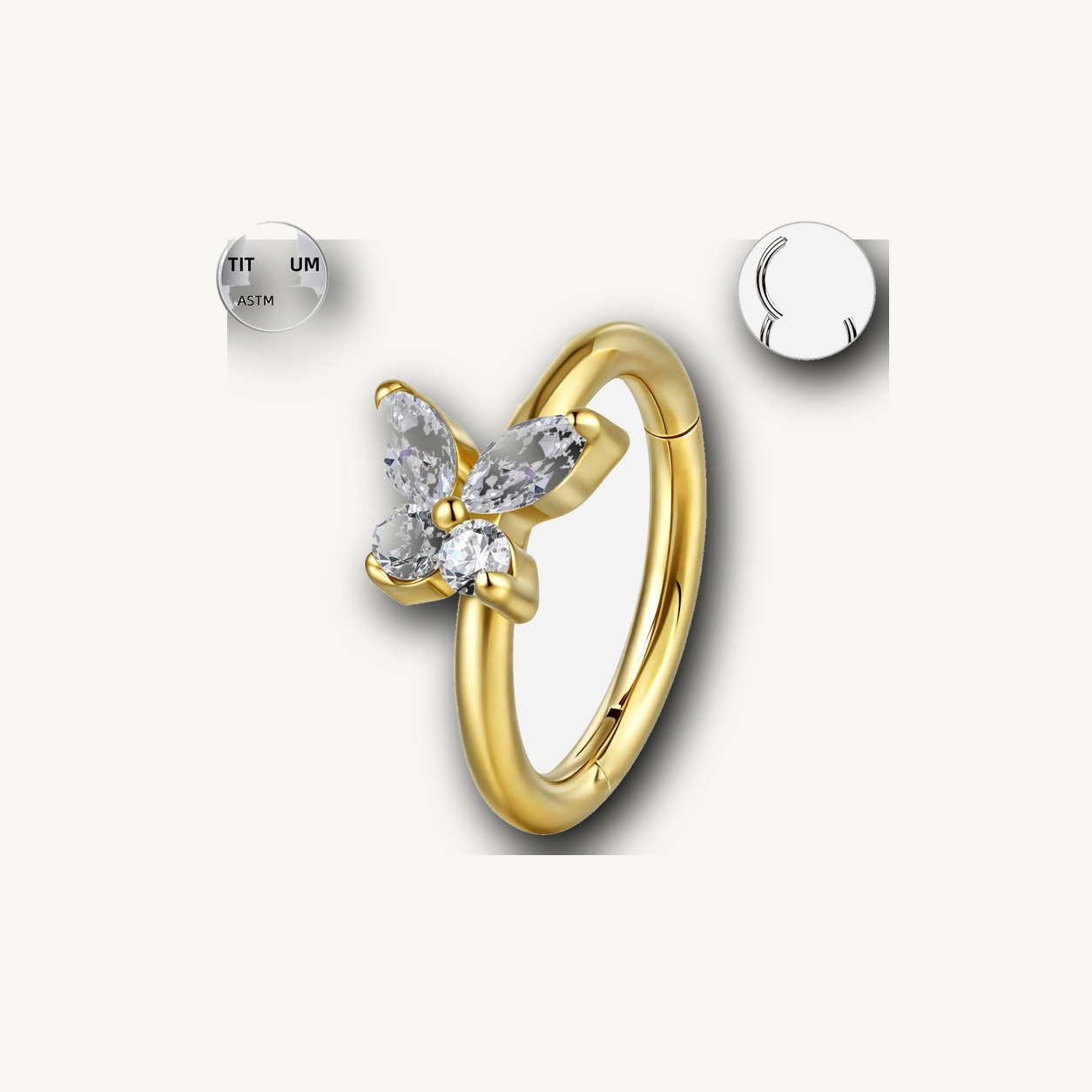 Implant Grade Titanium - Segment Ring - Gold - Clear CZ - 16G (1.2 x 10 mm) - detail view