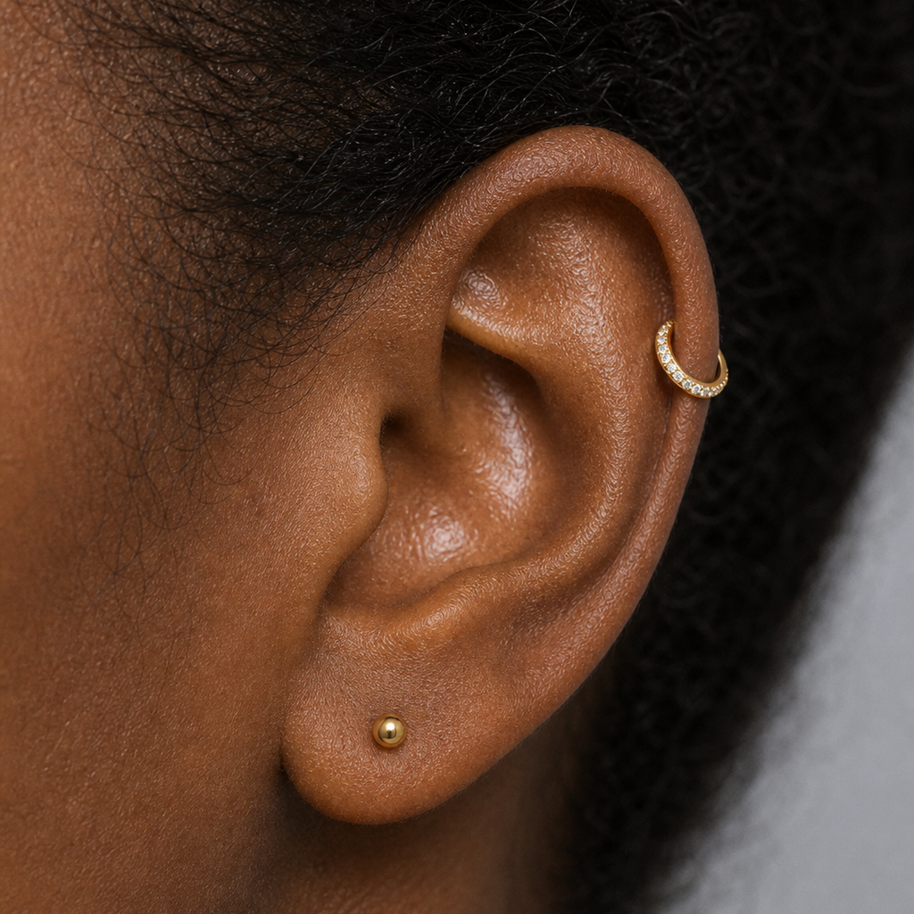 Implant Grade Titanium - Segment Ring - Gold - Clear CZ - 16G (1.2 x 6 mm) - model wear view