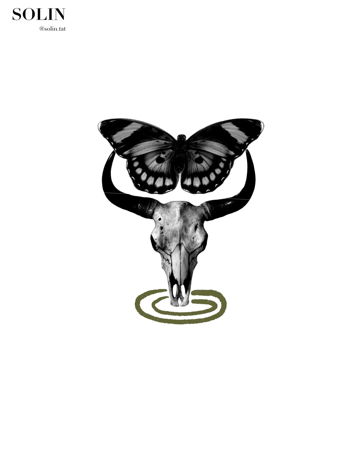 Butterfly & Bull Skull Halloween flash tattoo artwork by Solin, 3–4.5 inches