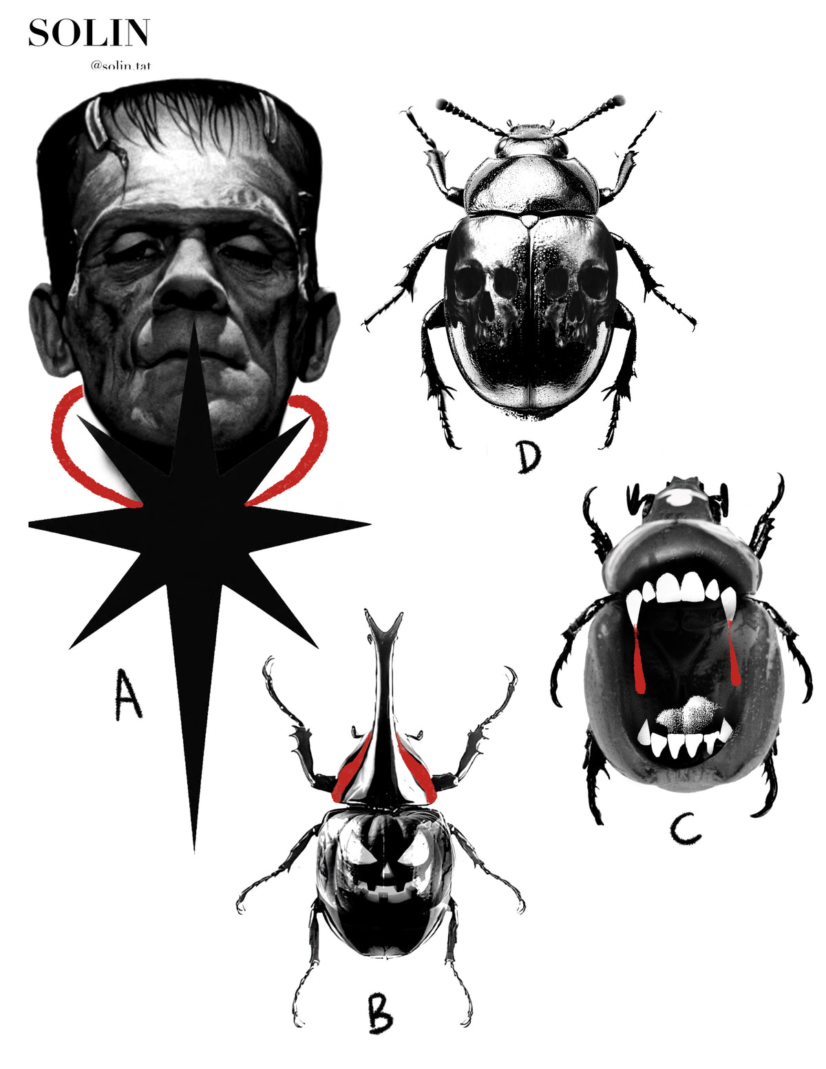 Monster & Beetle Flash Sheet Halloween flash tattoo artwork by Solin, 3–6 inches