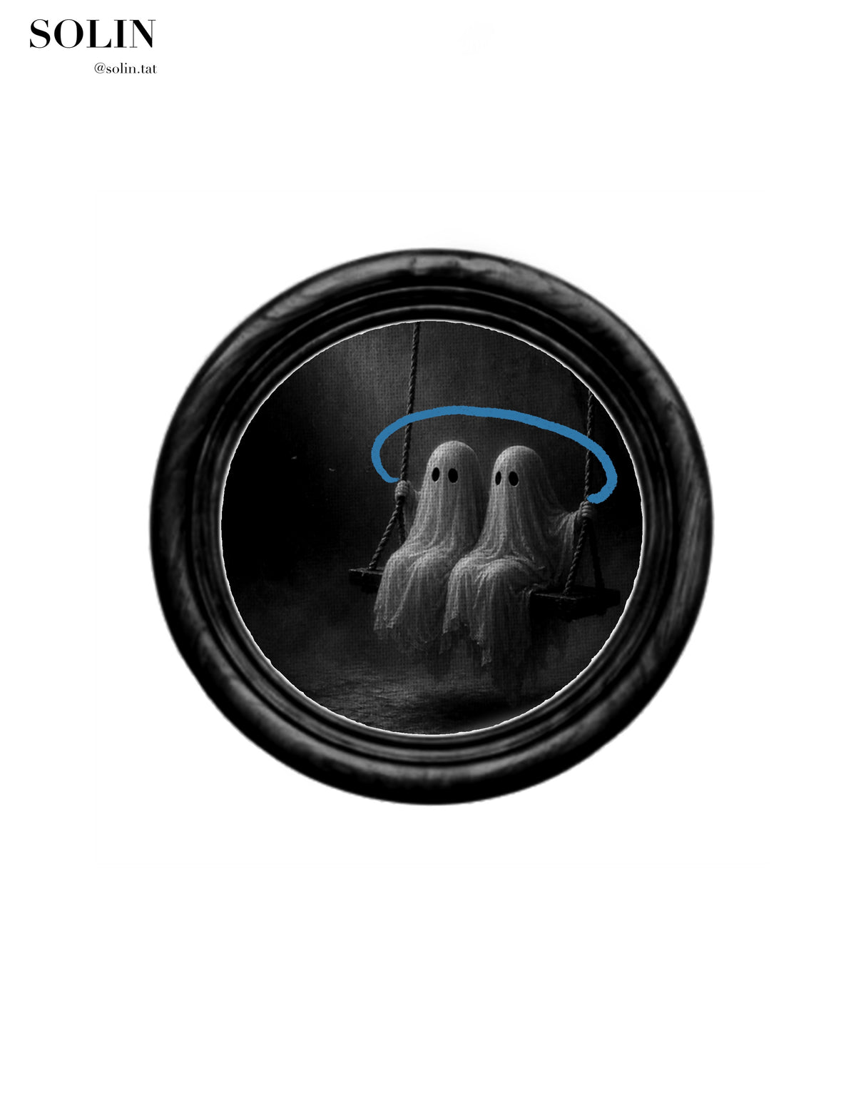Ghosts on a Swing Halloween flash tattoo artwork by Solin, 3–5 inches