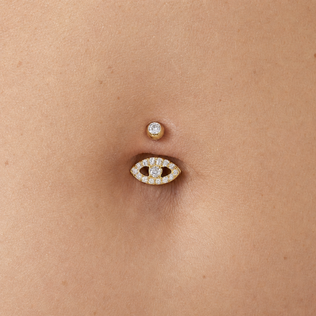 [TOPOSH-LEGACY-LAYOUT-REPAIR-20260717-LEGACY31:TP-BBR-IN-24K-14G6-T5-CLCZ-005:02] Clear CZ Titanium Belly Button Ring – 24K Gold | 02_model_white