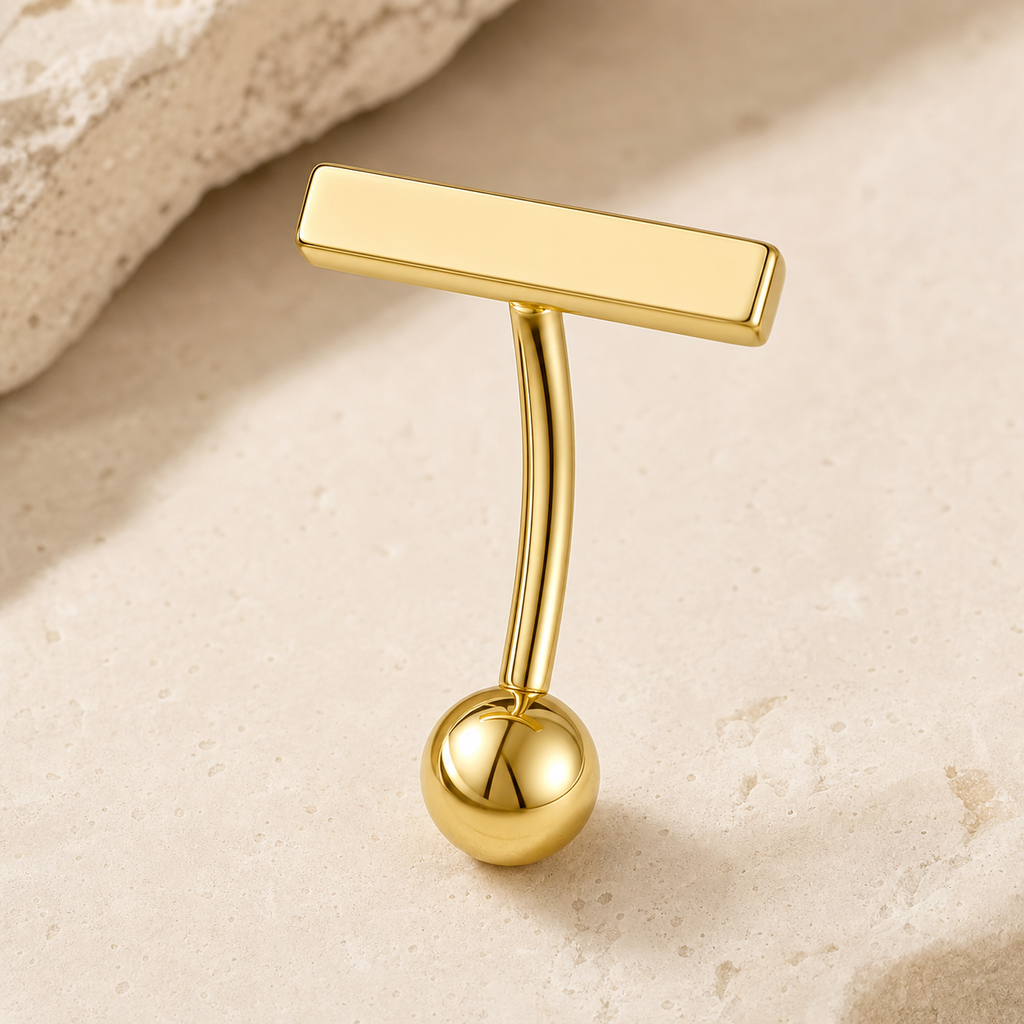 [TOPOSH-LEGACY-LAYOUT-REPAIR-20260717-LEGACY31:TP-BBR-GD-14G10-T5-PLN-007:05] T-Bar Titanium Belly Button Ring – Gold | 05_product_angles