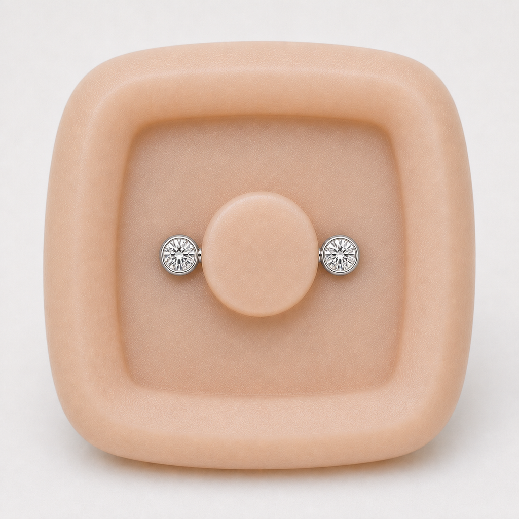 [TOPOSH-FULLSCORE-V4-20260711:TP-NP-TH-SIL-14G14-B5-B5-CLCZ-005:02] Implant Grade Titanium - Nipple Ring - Silver - Clear CZ - 14G (1.6 x 14+5+5 mm) - product angle