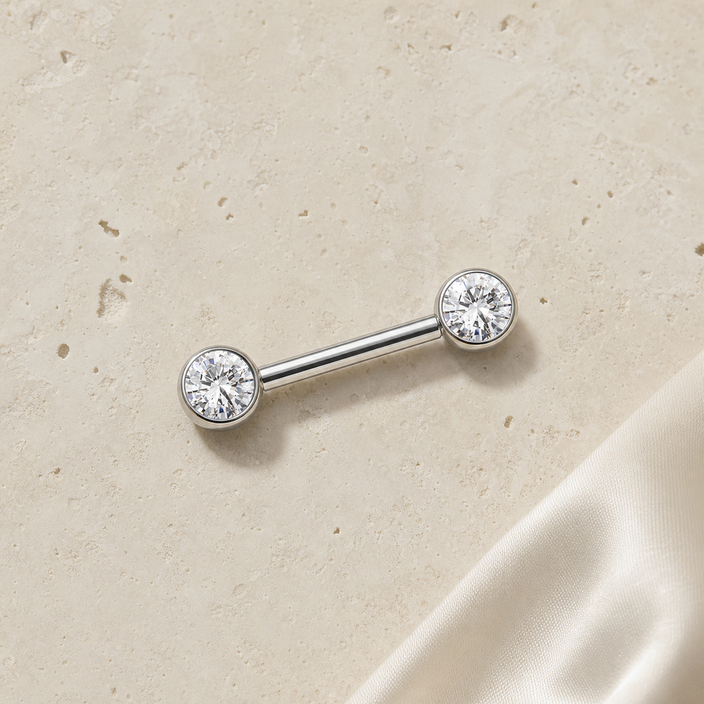 [TOPOSH-FULLSCORE-V4-20260711:TP-NP-TH-SIL-14G14-B5-B5-CLCZ-005:06] Implant Grade Titanium - Nipple Ring - Silver - Clear CZ - 14G (1.6 x 14+5+5 mm) - flatlay styling