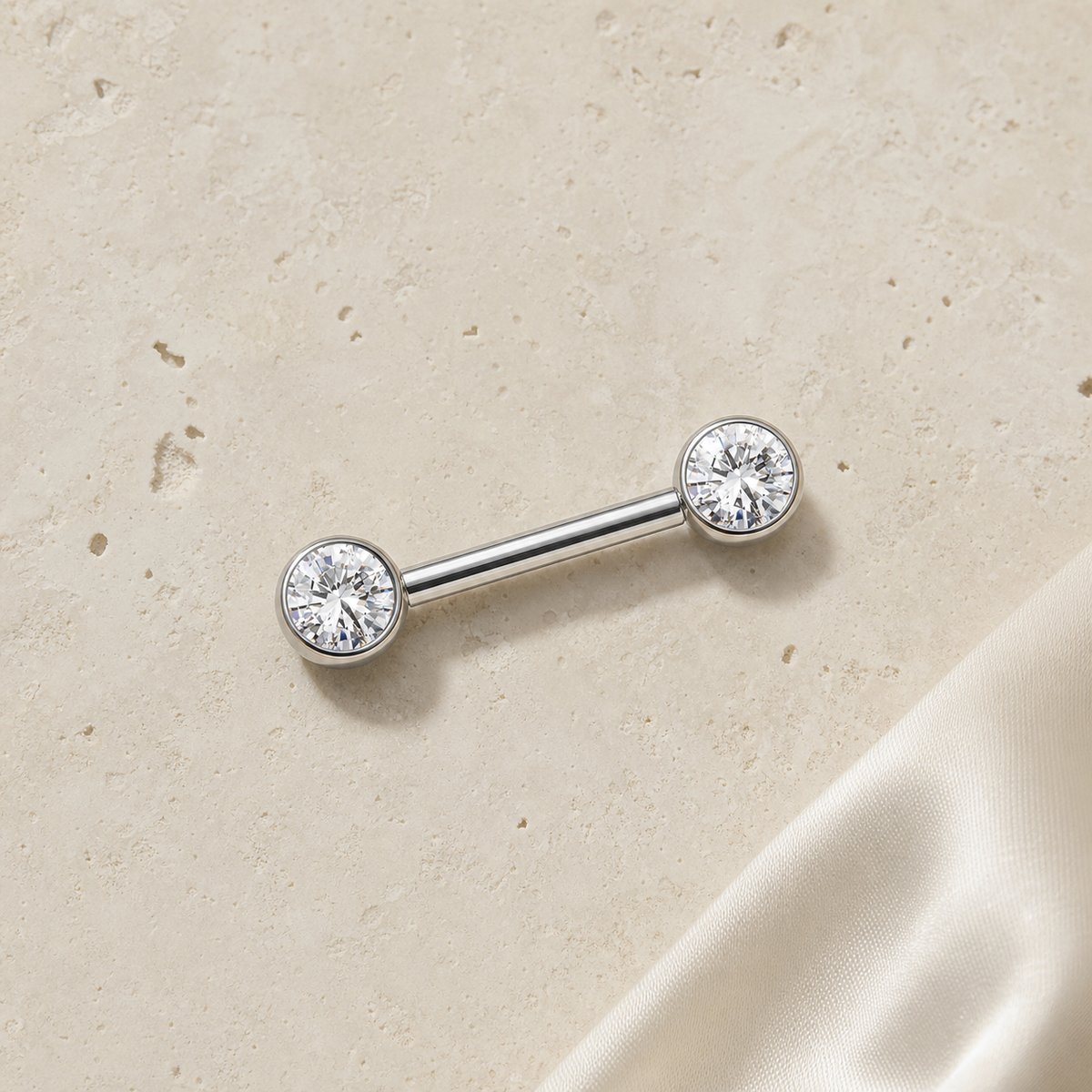 [TOPOSH-FULLSCORE-V4-20260711:TP-NP-TH-SIL-14G14-B5-B5-CLCZ-005:06] Implant Grade Titanium - Nipple Ring - Silver - Clear CZ - 14G (1.6 x 14+5+5 mm) - flatlay styling