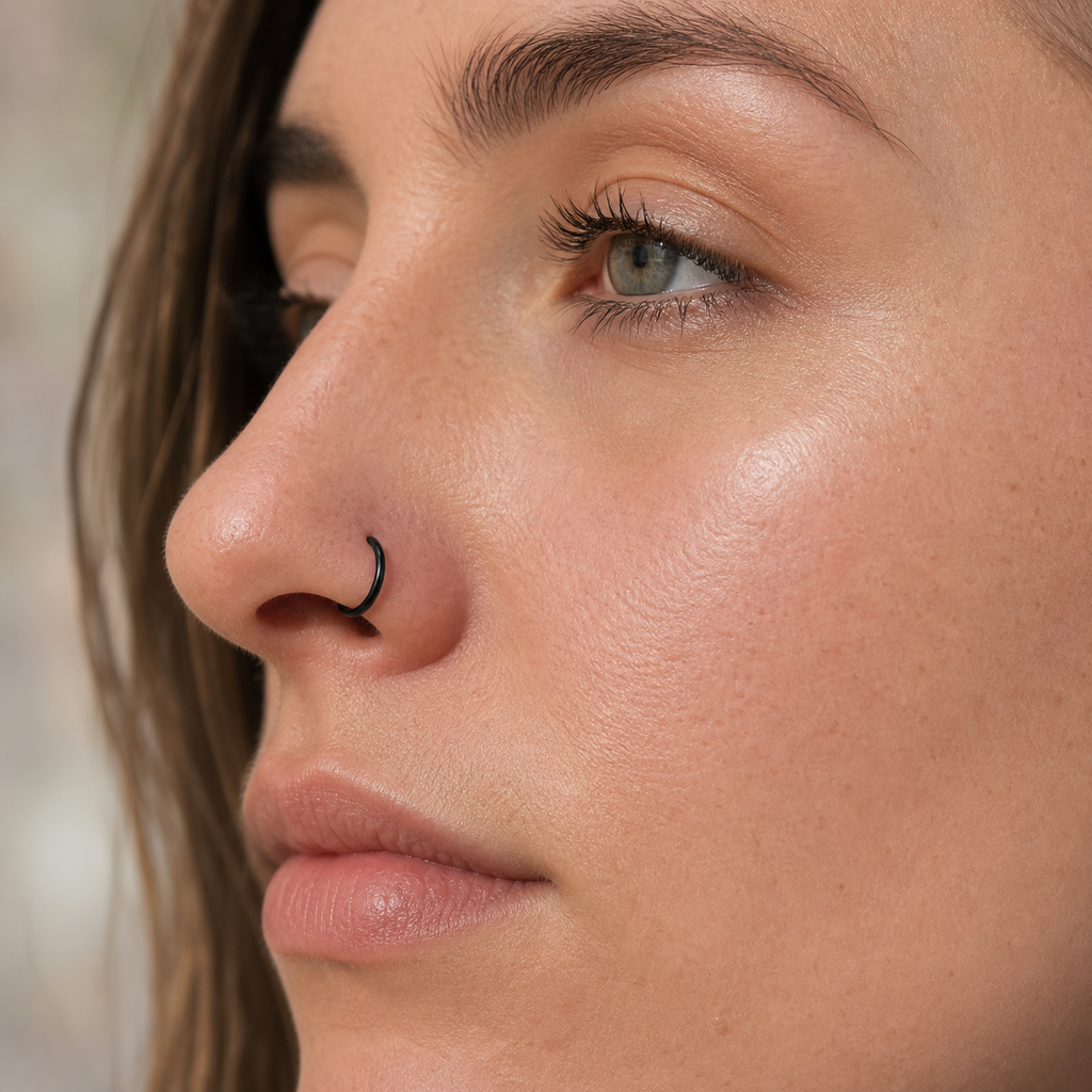 [TOPOSH-ROLE-ORDER-CLEANUP-20260717-BATCH11:TP-NS-BK-18G8-PLN-002:02] Titanium Nose Hoop – Black | 02_model_white