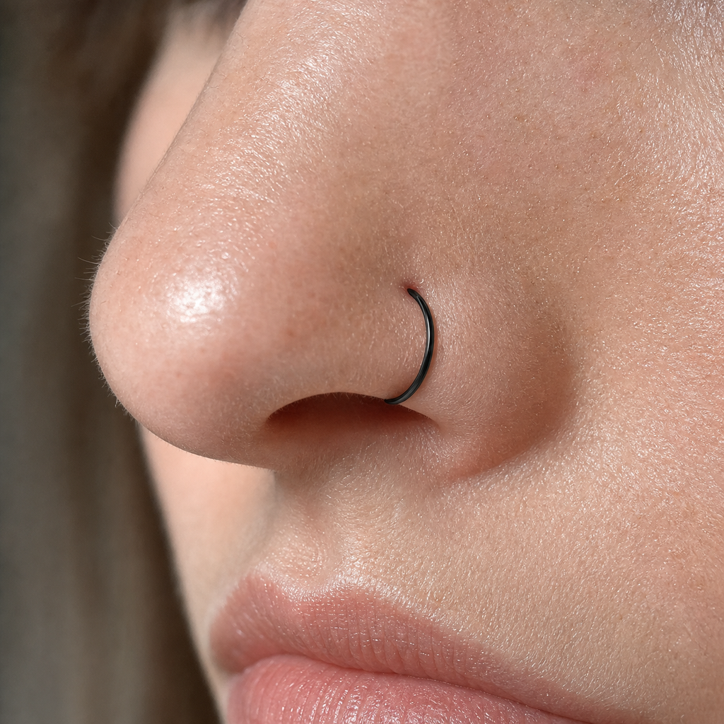 [TOPOSH-ROLE-ORDER-CLEANUP-20260717-BATCH11:TP-NS-BK-20G8-PLN-001:02] Titanium Nose Hoop – Black | 02_model_white