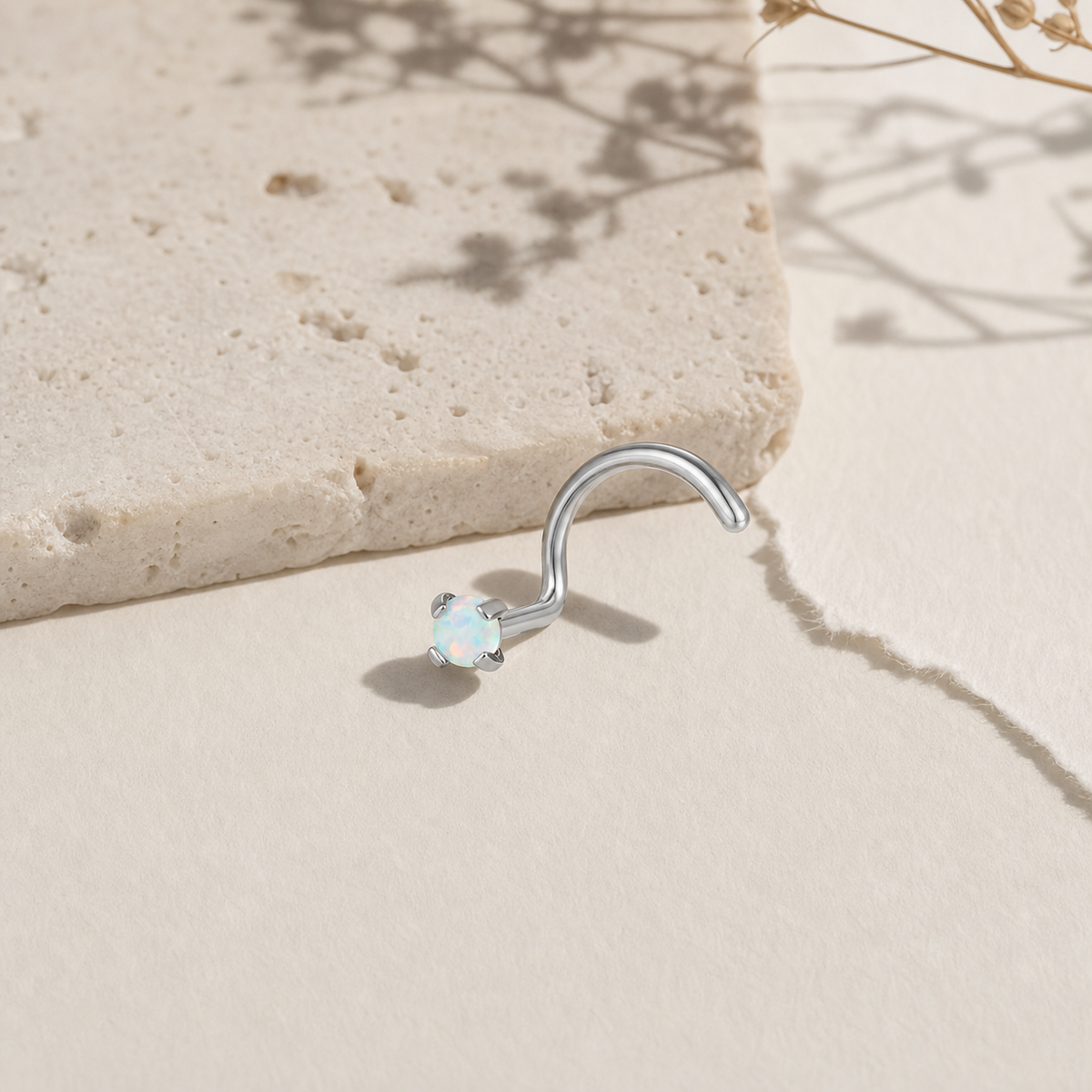 [TOPOSH-ROLE-ORDER-CLEANUP-20260717-BATCH14:TP-NS-S-SIL-20G6-OP17-011:06] White Opal Titanium Nose Screw – Silver | 06_accessory_flatlay