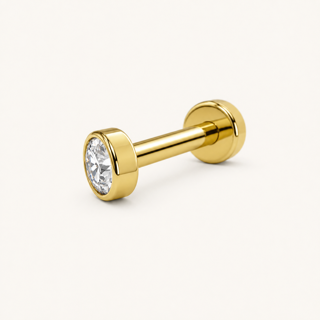 [TOPOSH-FULLSCORE-V5-20260712:TP-NP-IN-GD-14G10-B5-B5-CLCZ-132:05] Implant Grade Titanium - Nipple Ring - Gold - Clear CZ - 14G (1.6 x 10+5+5 mm) - side profile detail