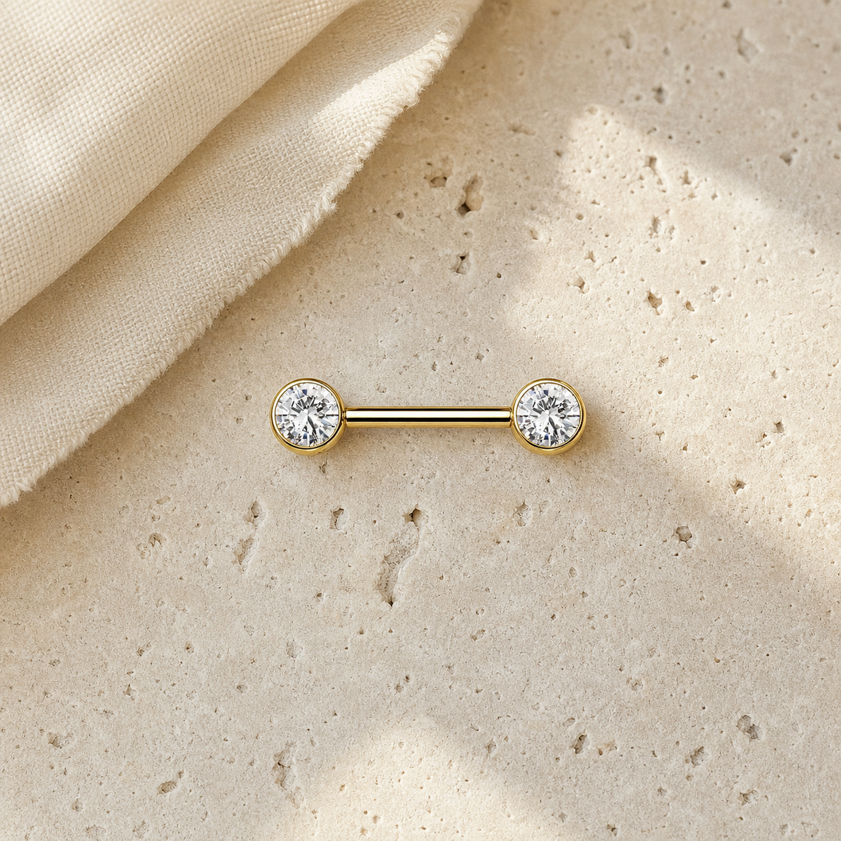 [TOPOSH-FULLSCORE-V5-20260712:TP-NP-IN-GD-14G10-B5-B5-CLCZ-132:06] Implant Grade Titanium - Nipple Ring - Gold - Clear CZ - 14G (1.6 x 10+5+5 mm) - flatlay styling