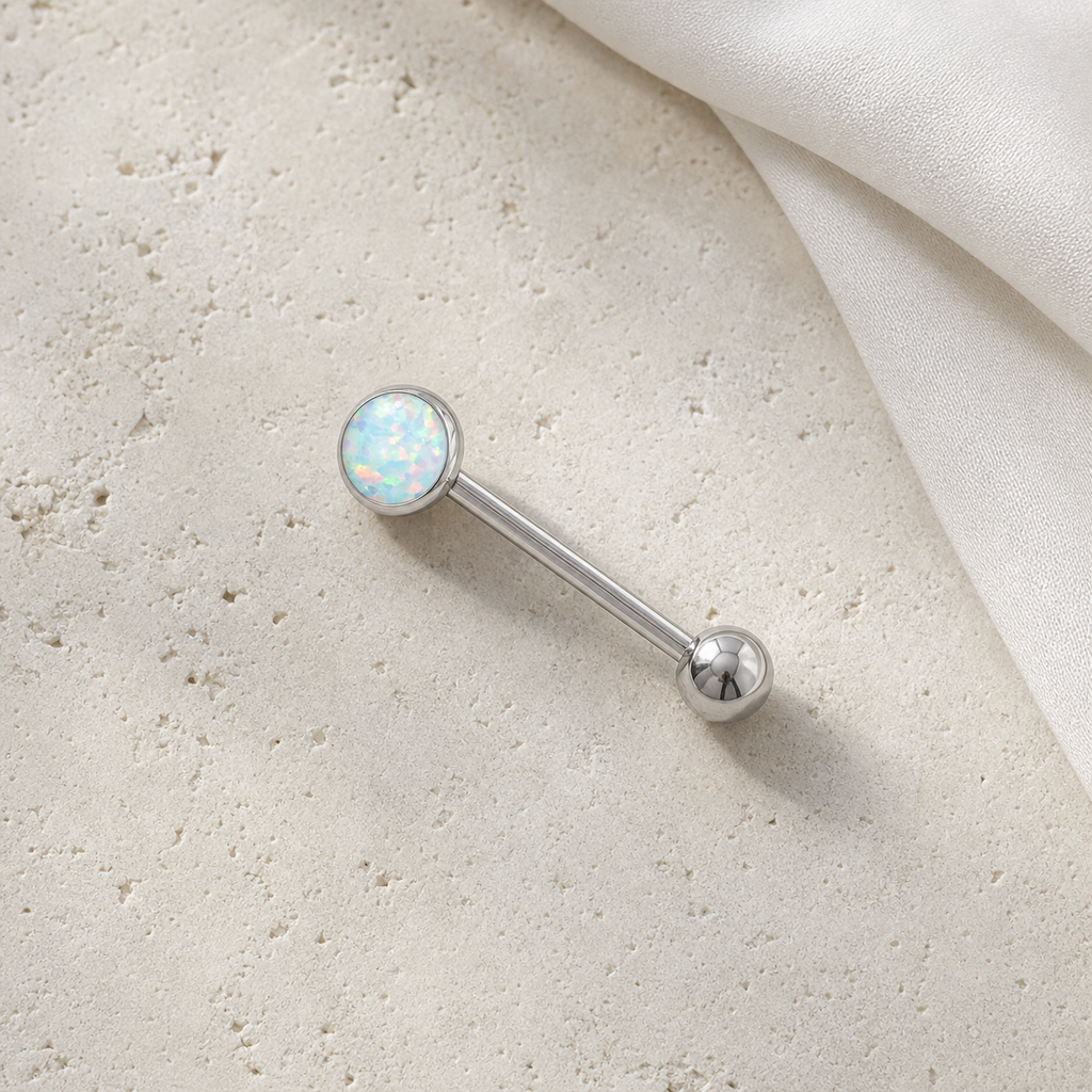 [TOPOSH-ROLE-ORDER-CLEANUP-20260717-BATCH15:TP-TR-TH-SIL-14G16-OP17-017:06] White Opal Titanium Tongue Barbell – Silver | 06_accessory_flatlay
