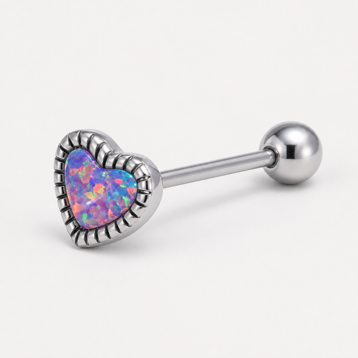 [TOPOSH-LEGACY-LAYOUT-REPAIR-20260717-LEGACY32:TP-TR-IN-SIL-14G16-T6-OP38-004:05] Heart Purple Opal Titanium Tongue Barbell – Silver | 05_product_angles