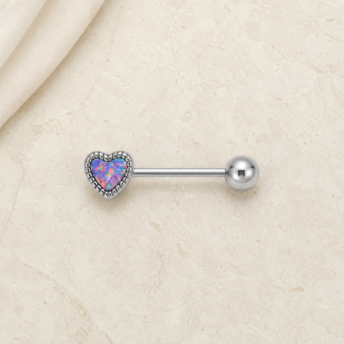 [TOPOSH-LEGACY-LAYOUT-REPAIR-20260717-LEGACY32:TP-TR-IN-SIL-14G16-T6-OP38-004:06] Heart Purple Opal Titanium Tongue Barbell – Silver | 06_accessory_flatlay