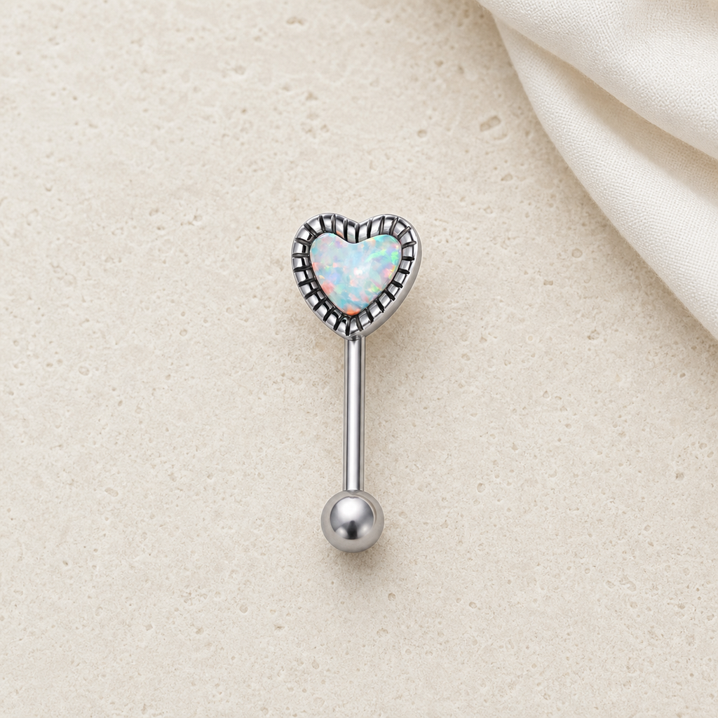 [TOPOSH-LEGACY-LAYOUT-REPAIR-20260717-LEGACY32:TP-TR-IN-SIL-14G16-T6-SW234-005:06] Heart White Opal Titanium Tongue Barbell – Silver | 06_accessory_flatlay