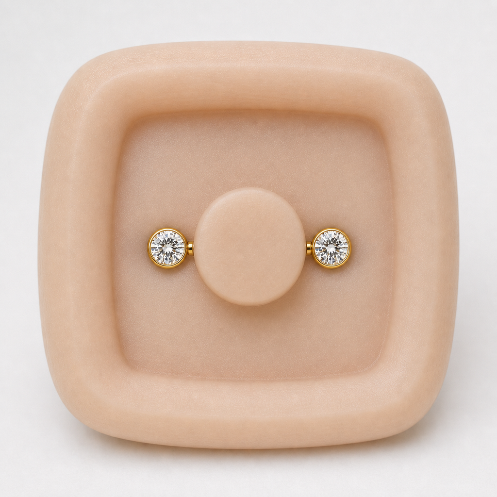 [TOPOSH-FULLSCORE-V7-20260712:TP-NP-IN-24K-14G14-B4-B4-CLCZ-144:02] Implant Grade Titanium - Nipple Ring - 24K Gold - Clear CZ - 14G (1.6 x 14+4+4 mm) - product angle