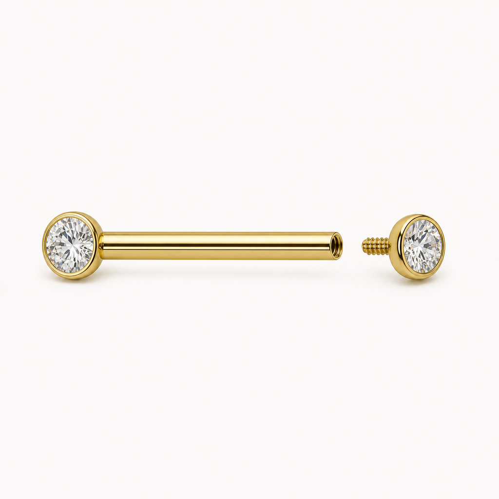 [TOPOSH-FULLSCORE-V7-20260712:TP-NP-IN-24K-14G14-B4-B4-CLCZ-144:05] Implant Grade Titanium - Nipple Ring - 24K Gold - Clear CZ - 14G (1.6 x 14+4+4 mm) - internal thread mechanism