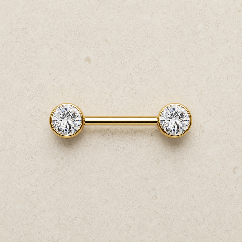 [TOPOSH-FULLSCORE-V7-20260712:TP-NP-IN-GD-14G14-B5-B5-CLCZ-097:06] Implant Grade Titanium - Nipple Ring - Gold - Clear CZ - 14G (1.6 x 14+5+5 mm) - flatlay styling