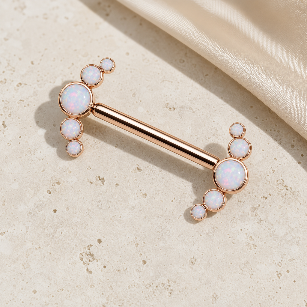 [TOPOSH-FULLSCORE-V7-20260712:TP-NP-IN-RG-14G14-OP17-026:06] Implant Grade Titanium - Nipple Ring - Rose Gold - OP17 - 14G (1.6 x 14 mm) - flatlay styling