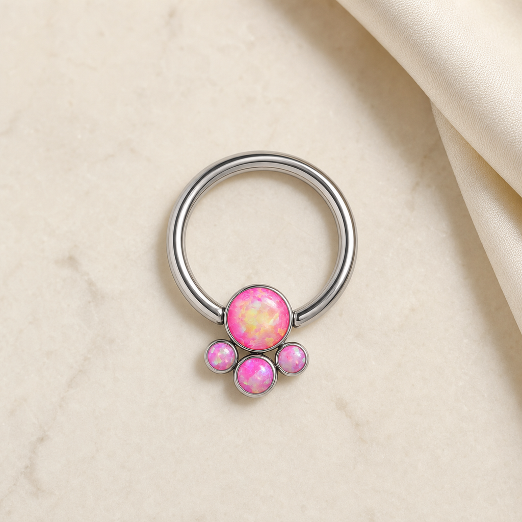 [TOPOSH-LEGACY-LAYOUT-REPAIR-20260717-LEGACY16:TP-BCR-SIL-16G8-T4-OP42-006:06] Flower Cluster Pink Opal Titanium Captive Bead Ring – Silver | 06_accessory_flatlay
