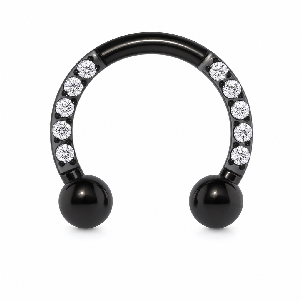 [TOPOSH-LEGACY-LAYOUT-REPAIR-20260717-LEGACY19:TP-HS-EX-BK-16G8-B3-B3-CLCZ-002:01] Clear CZ Titanium Horseshoe Ring – Black | 01_primary_product_bg