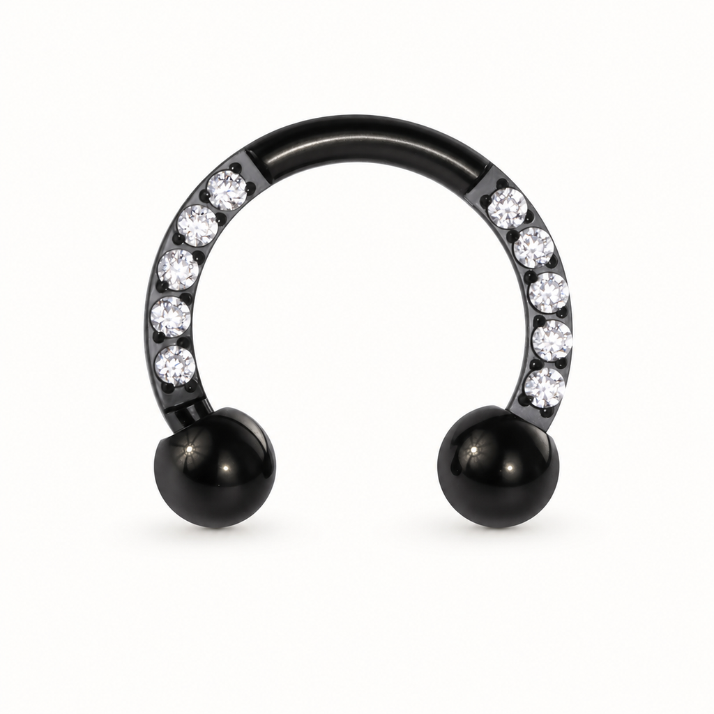 [TOPOSH-LEGACY-LAYOUT-REPAIR-20260717-LEGACY19:TP-HS-EX-BK-16G8-B3-B3-CLCZ-022:01] Clear CZ Titanium Horseshoe Ring – Black | 01_primary_product_bg
