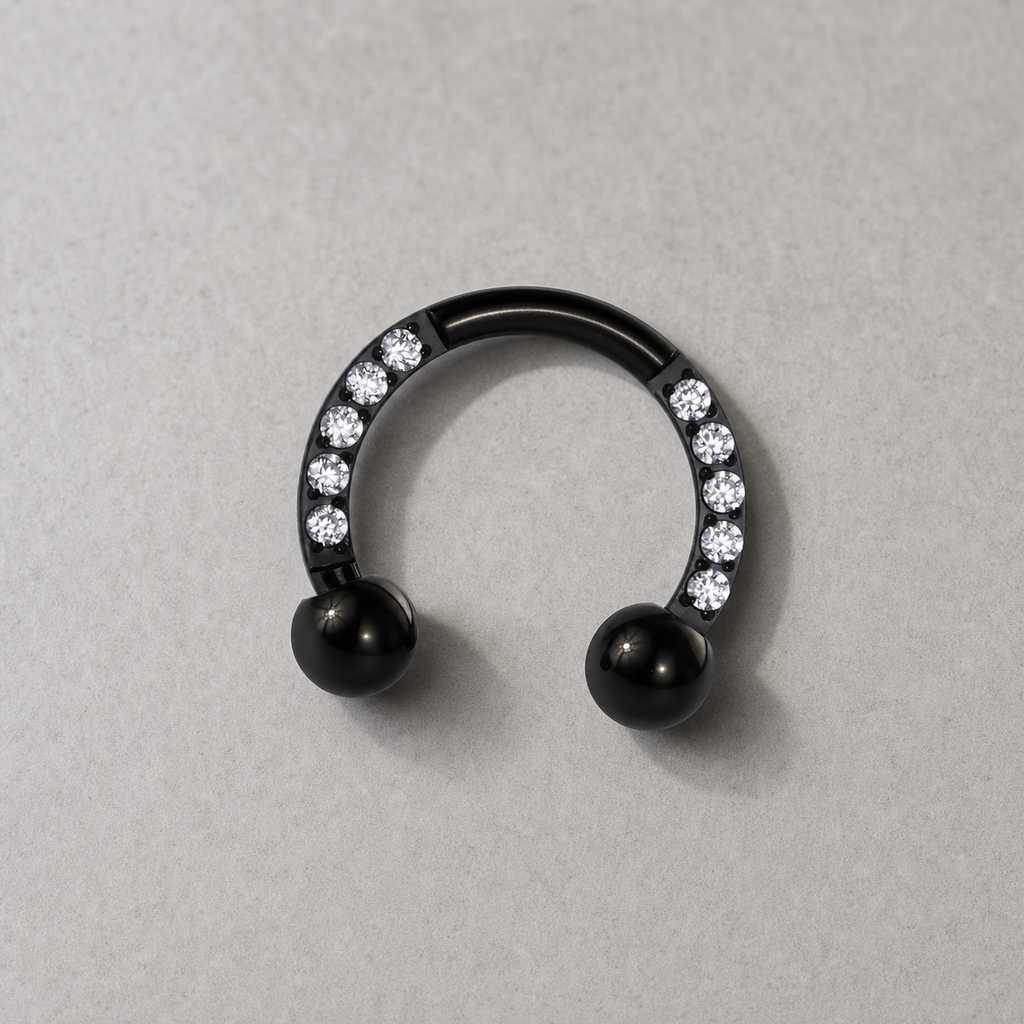 [TOPOSH-LEGACY-LAYOUT-REPAIR-20260717-LEGACY19:TP-HS-EX-BK-16G8-B3-B3-CLCZ-022:06] Clear CZ Titanium Horseshoe Ring – Black | 06_accessory_flatlay