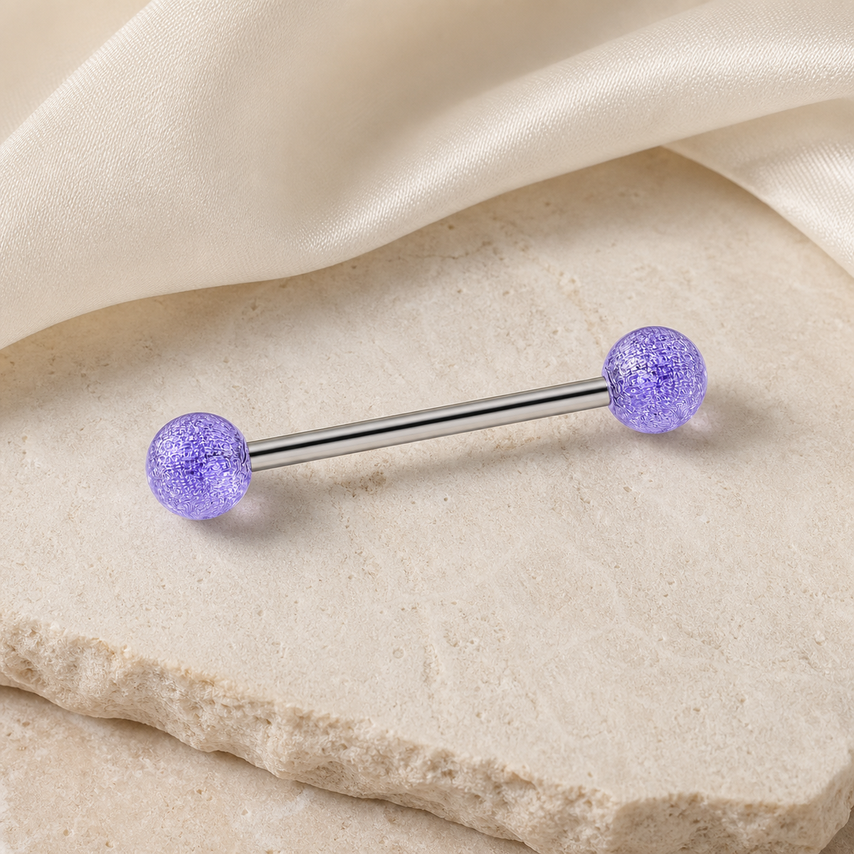 [TOPOSH-LEGACY-LAYOUT-REPAIR-20260717-LEGACY32:TP-TR-EX-SIL-14G16-B6-B6-PLN-321:06] Lavender Textured Ball Titanium Tongue Barbell – Silver | 06_accessory_flatlay