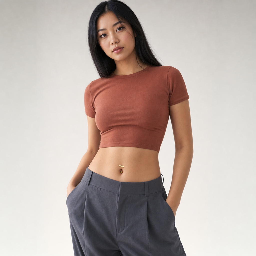 [TOPOSH-LEGACY-LAYOUT-REPAIR-20260717-LEGACY31:TP-BBR-GD-14G10-T5-PLN-007:04] T-Bar Titanium Belly Button Ring – Gold | 04_model_asian