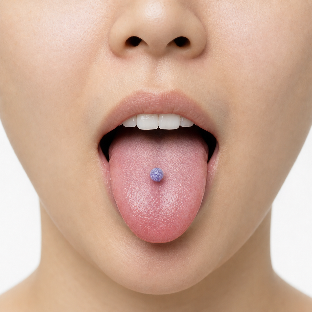 [TOPOSH-LEGACY-LAYOUT-REPAIR-20260717-LEGACY32:TP-TR-EX-SIL-14G16-B6-B6-PLN-321:04] Lavender Textured Ball Titanium Tongue Barbell – Silver | 04_model_asian